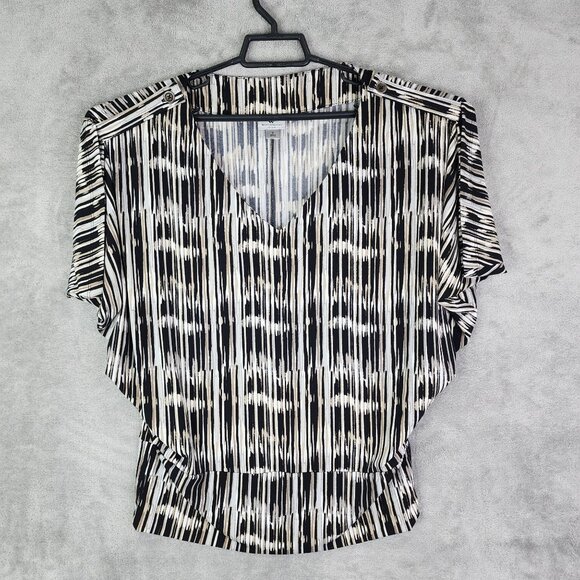Women's Worthington Stretch Blouse Black/White Striped Pattern Short Sleeve S - Picture 2 of 8
